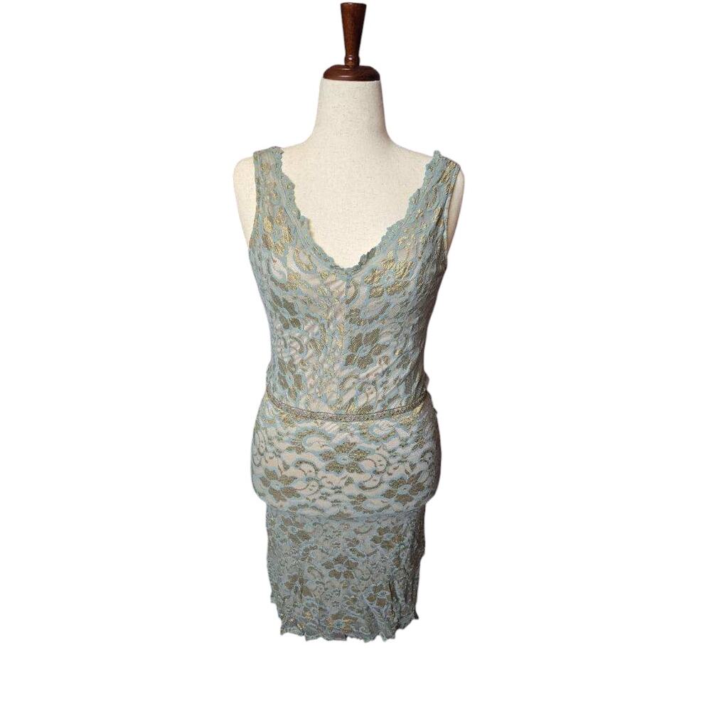Alexia Admor mini bodycon lace v-neck stretchy‎ blue gold floral dress sz medium